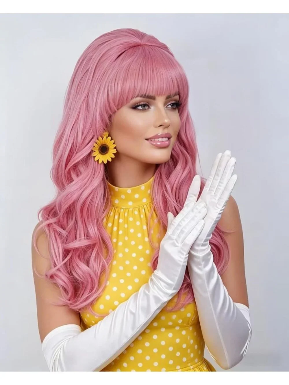 Women's Pink Heat Resistant Synthetic Fiber Retro Long Wavy Wigs Bangs